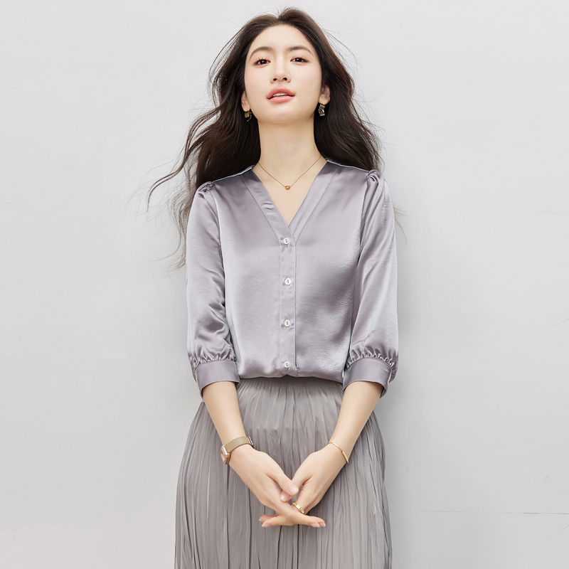 Satin purple V-neck temperament shirt for women
