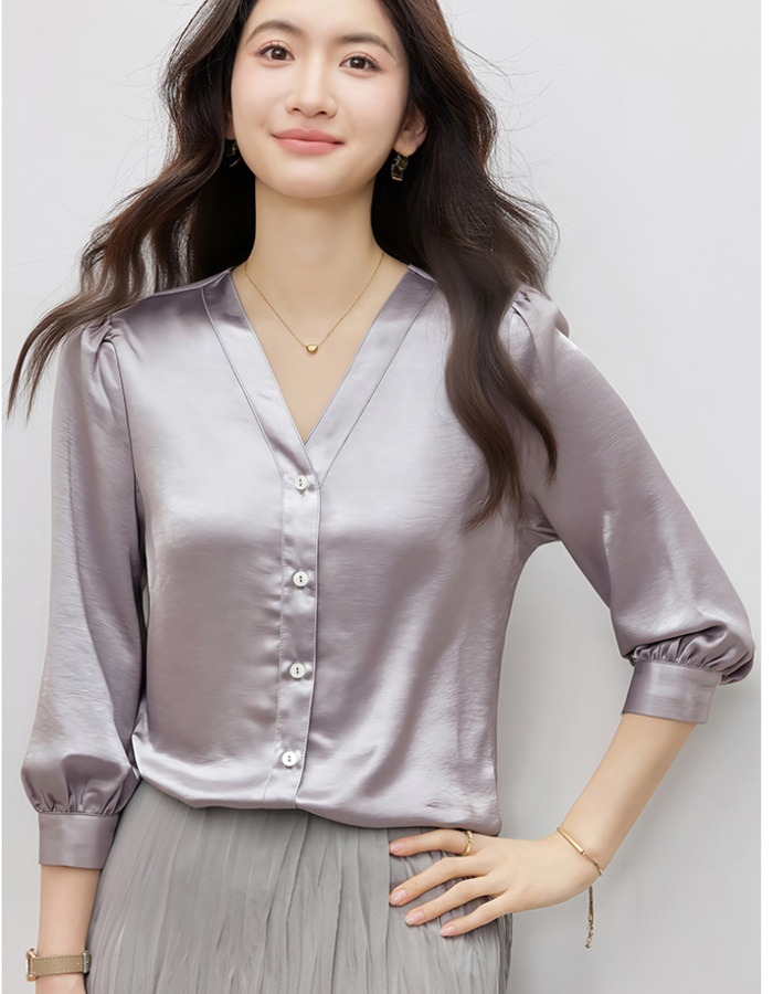Satin purple V-neck temperament shirt for women