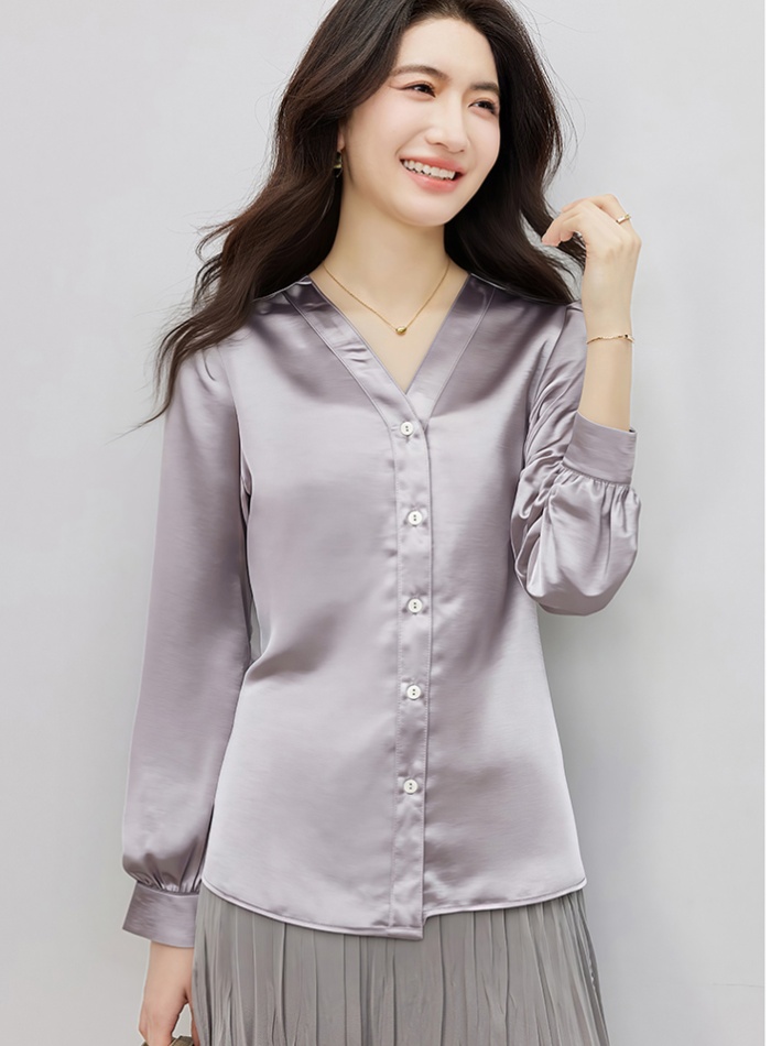 Satin purple V-neck temperament shirt for women