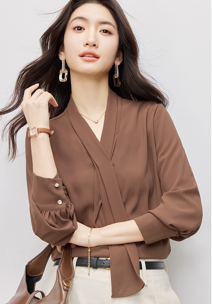 V-neck fashion streamer all-match spring shirt for women