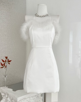 Fluffy halter flat shoulder dress