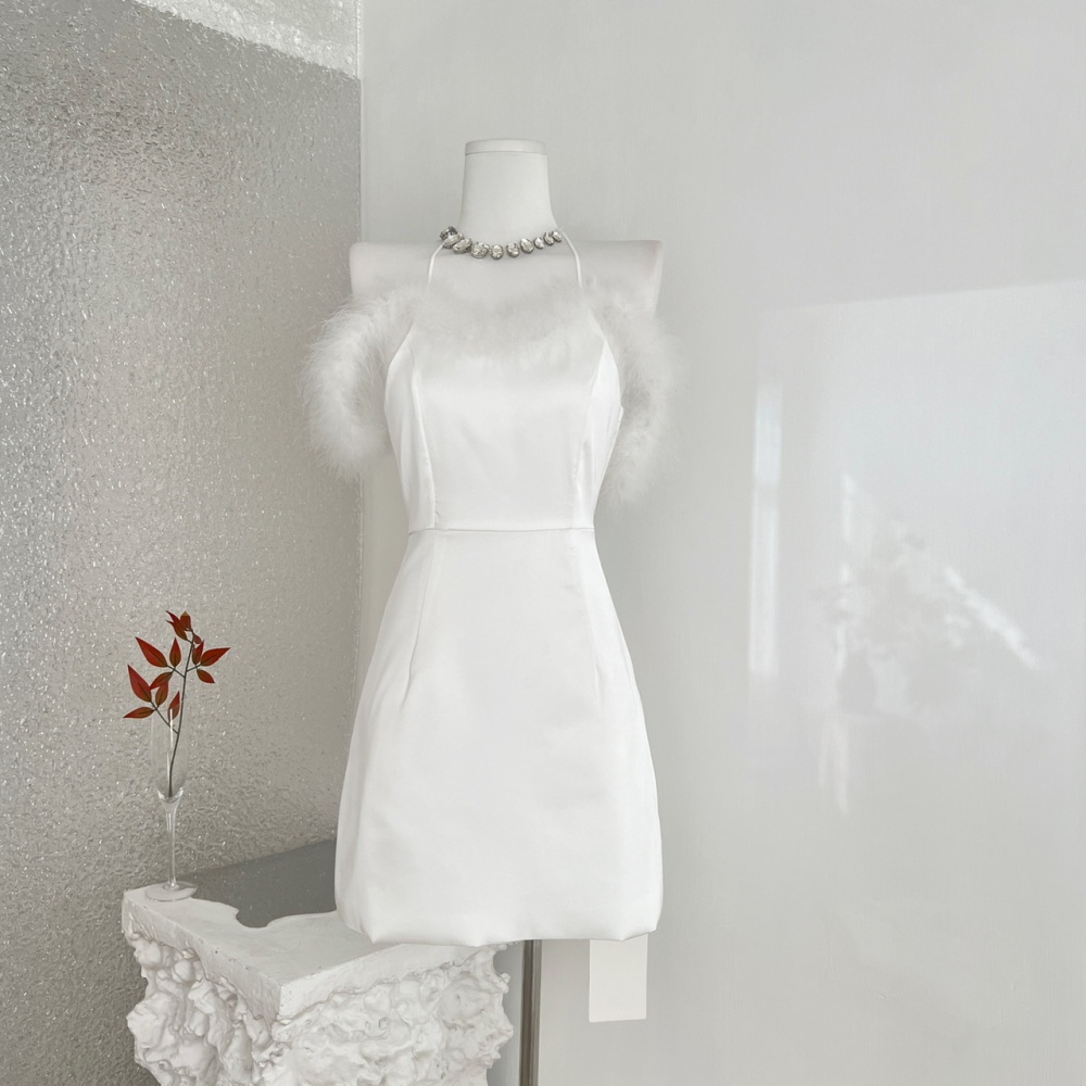 Fluffy halter flat shoulder dress