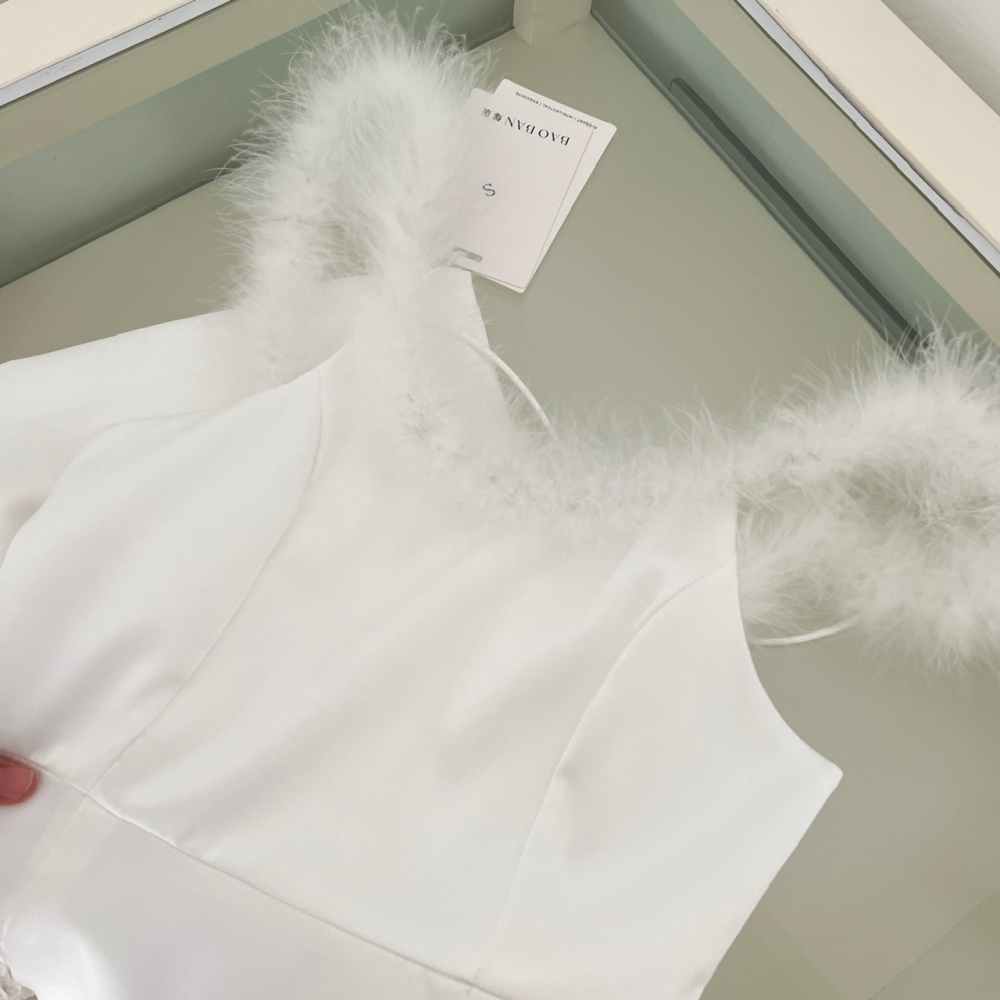 Fluffy halter flat shoulder dress