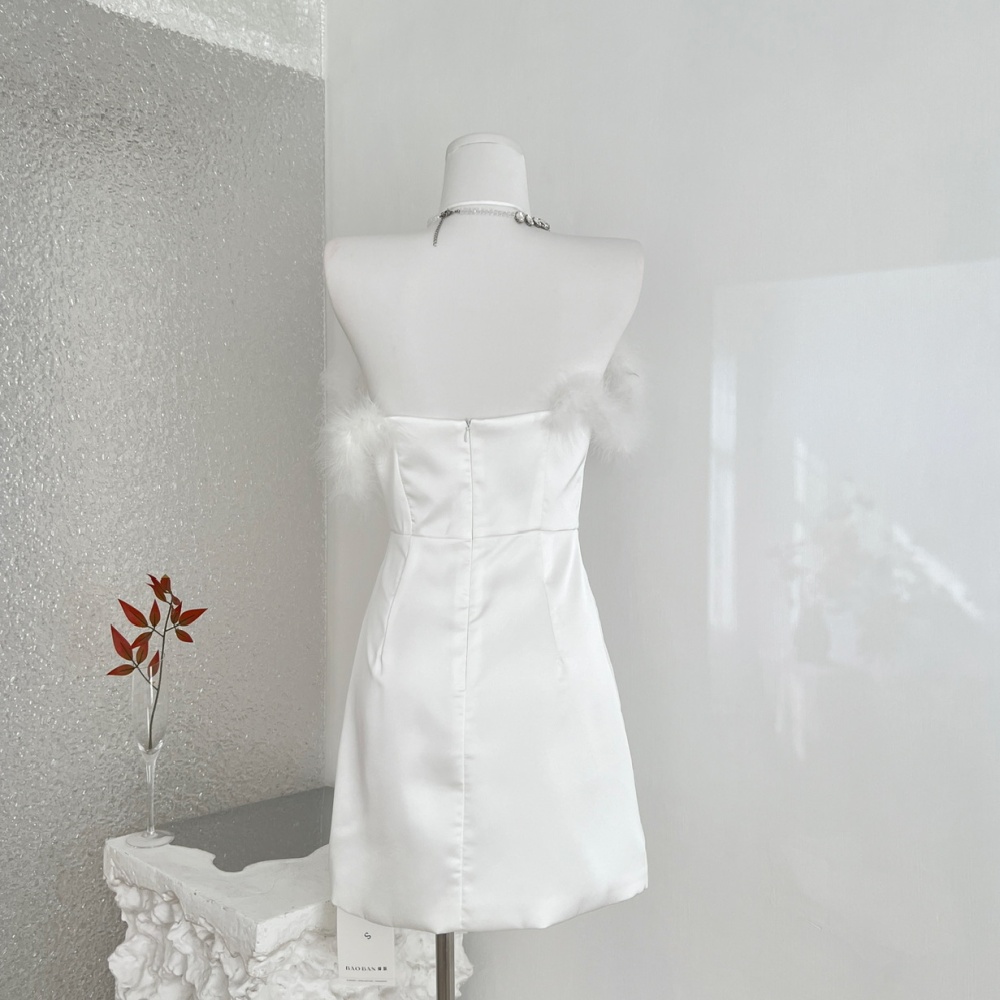 Fluffy halter flat shoulder dress