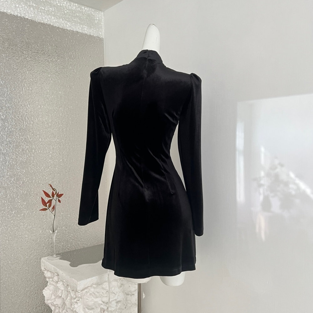 Chinese style velvet cstand collar dress