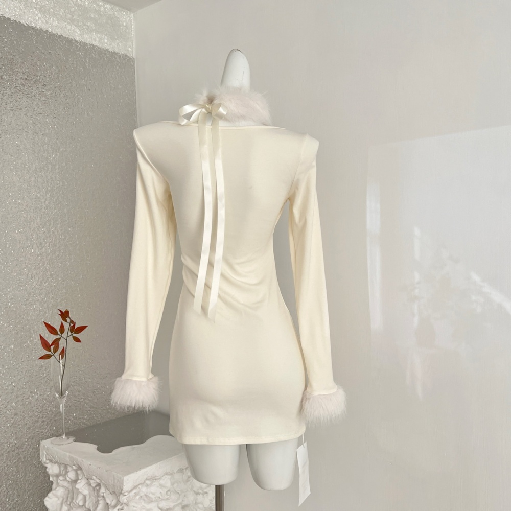 Splice enticement fur collar package hip halter dress