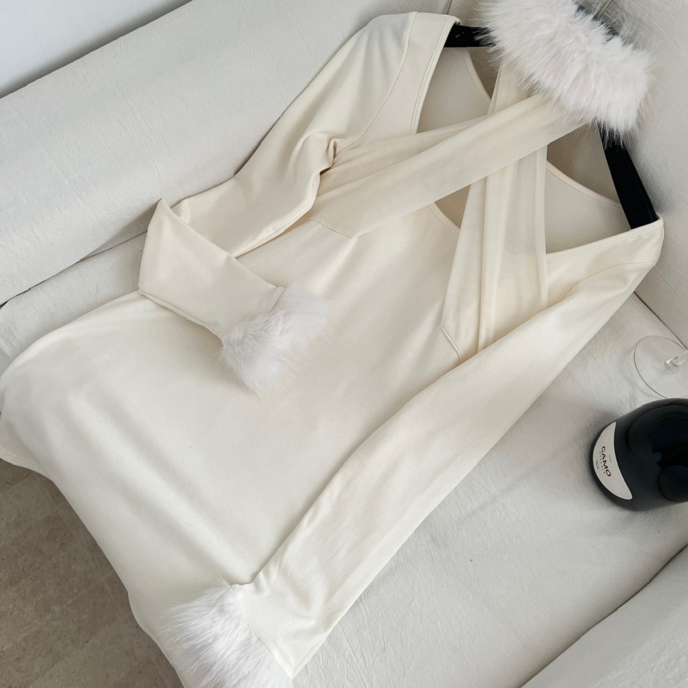 Splice enticement fur collar package hip halter dress