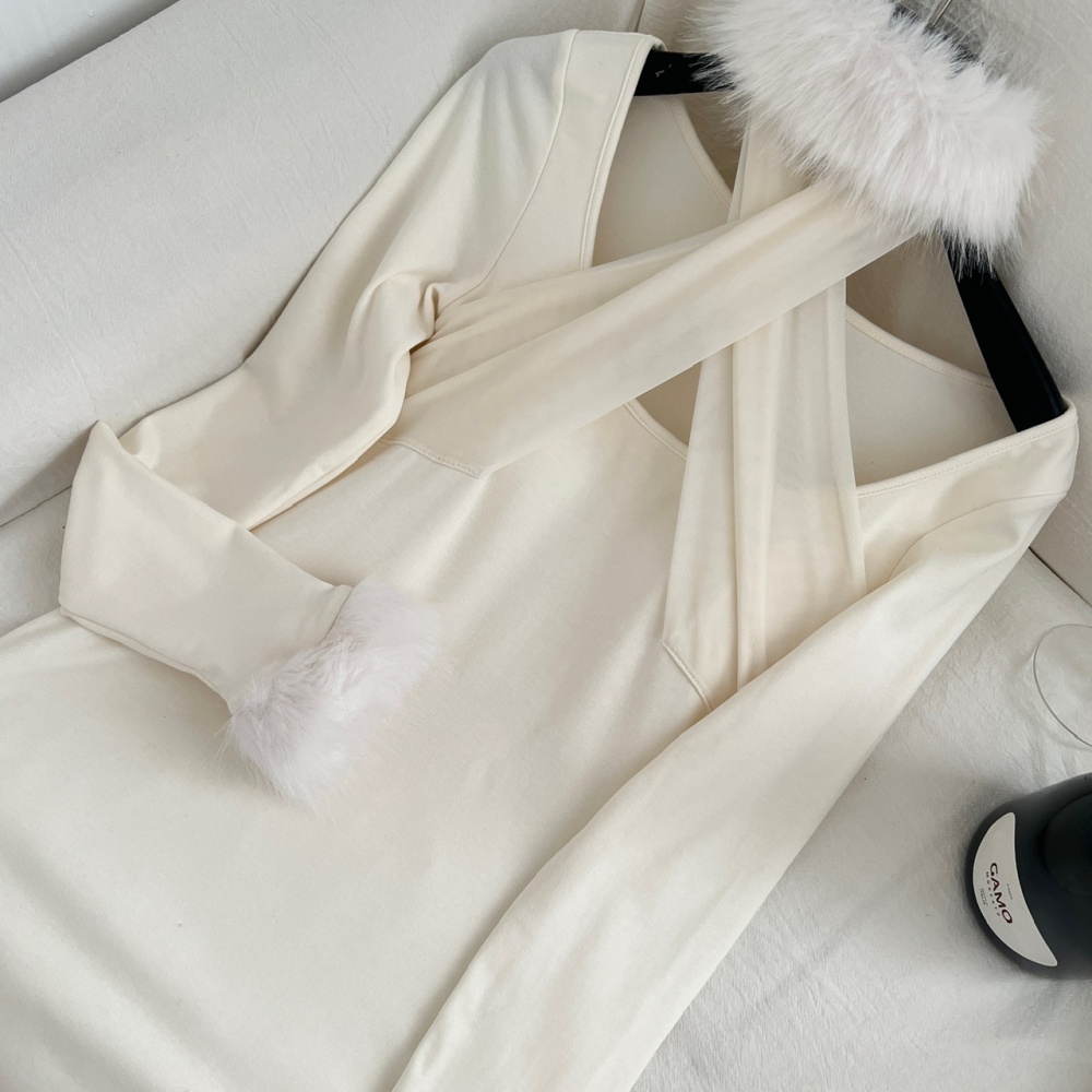 Splice enticement fur collar package hip halter dress