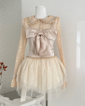 Long sleeve Pseudo-two skirt lace gauze shirt a set