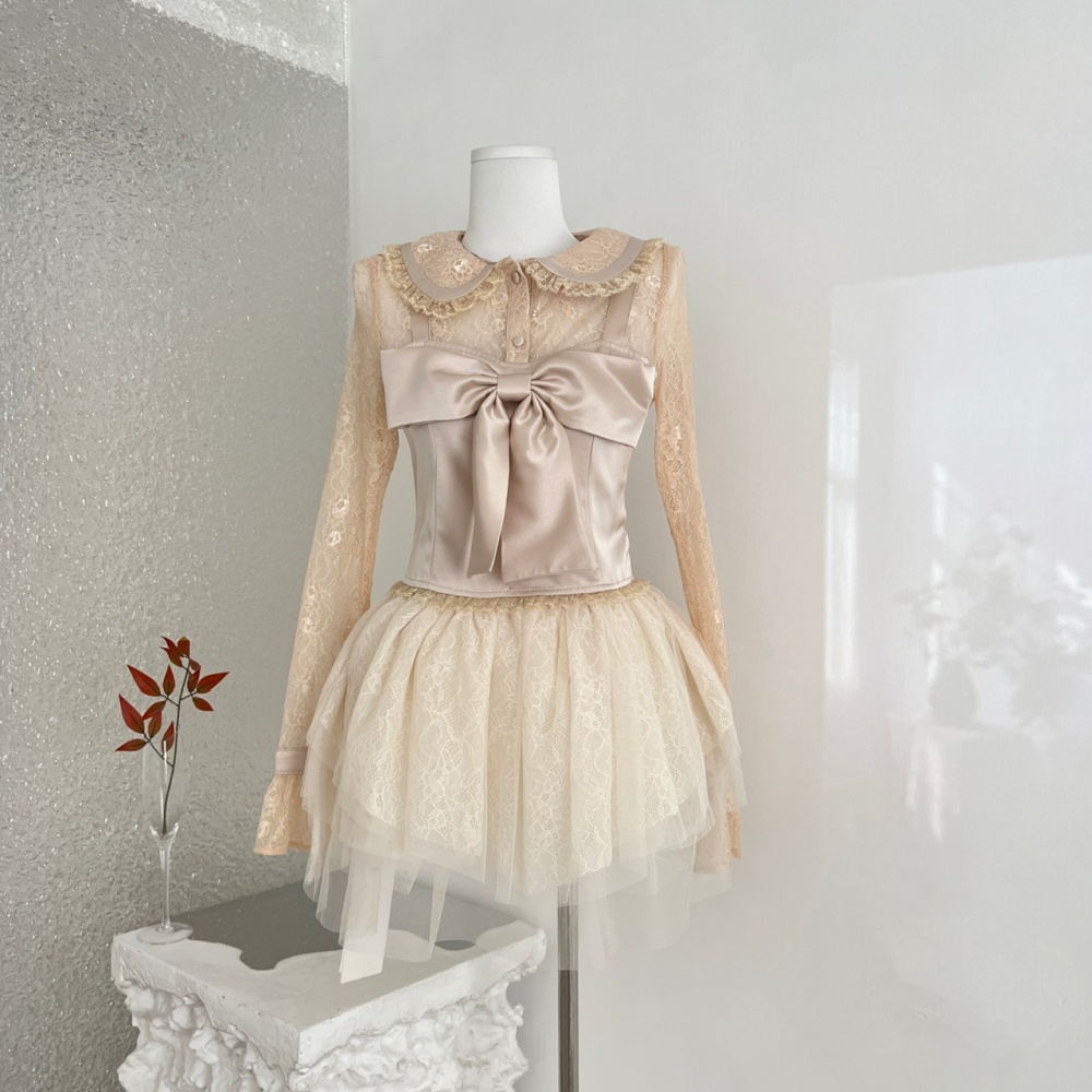 Long sleeve Pseudo-two skirt lace gauze shirt a set