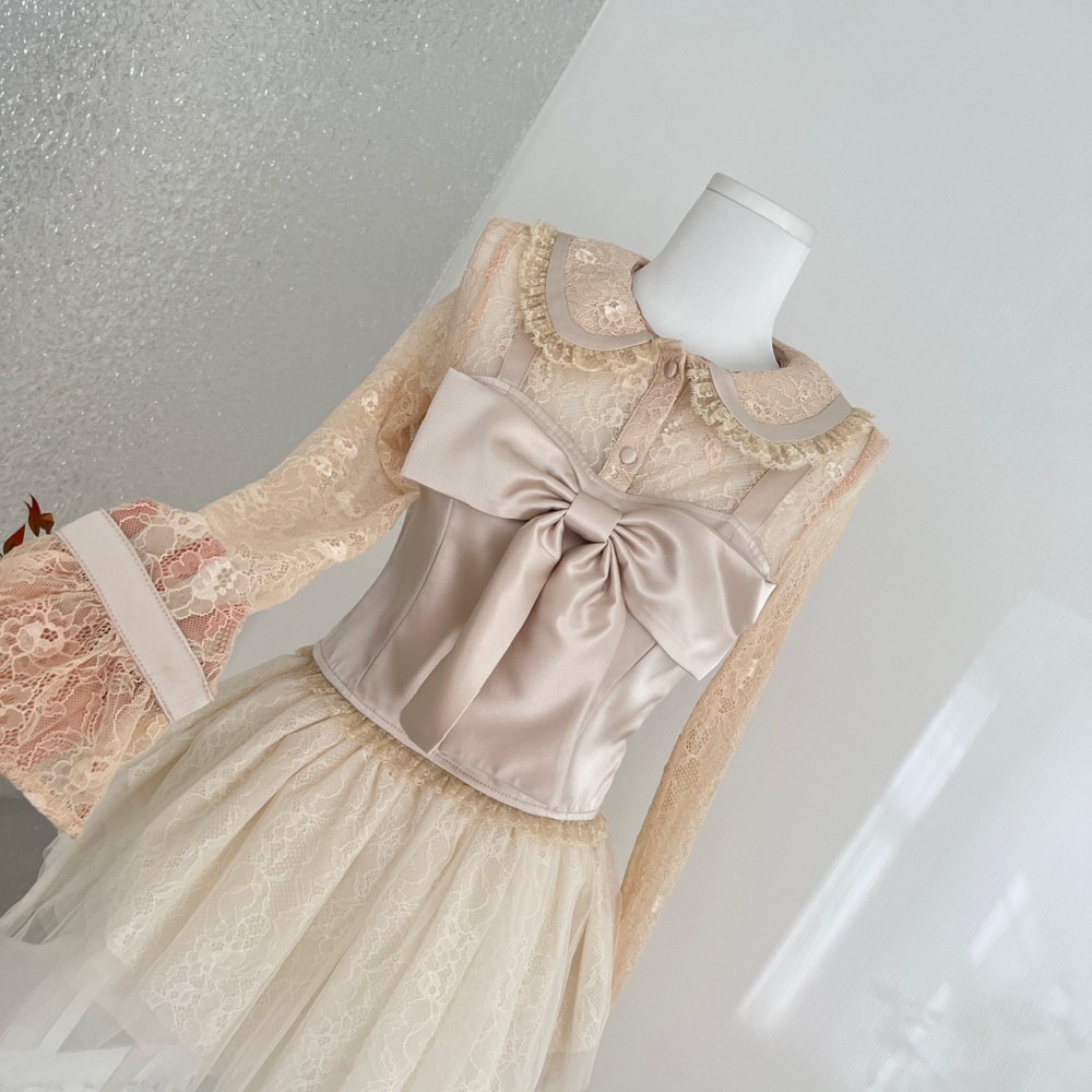 Long sleeve Pseudo-two skirt lace gauze shirt a set