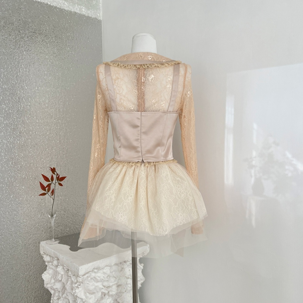 Long sleeve Pseudo-two skirt lace gauze shirt a set