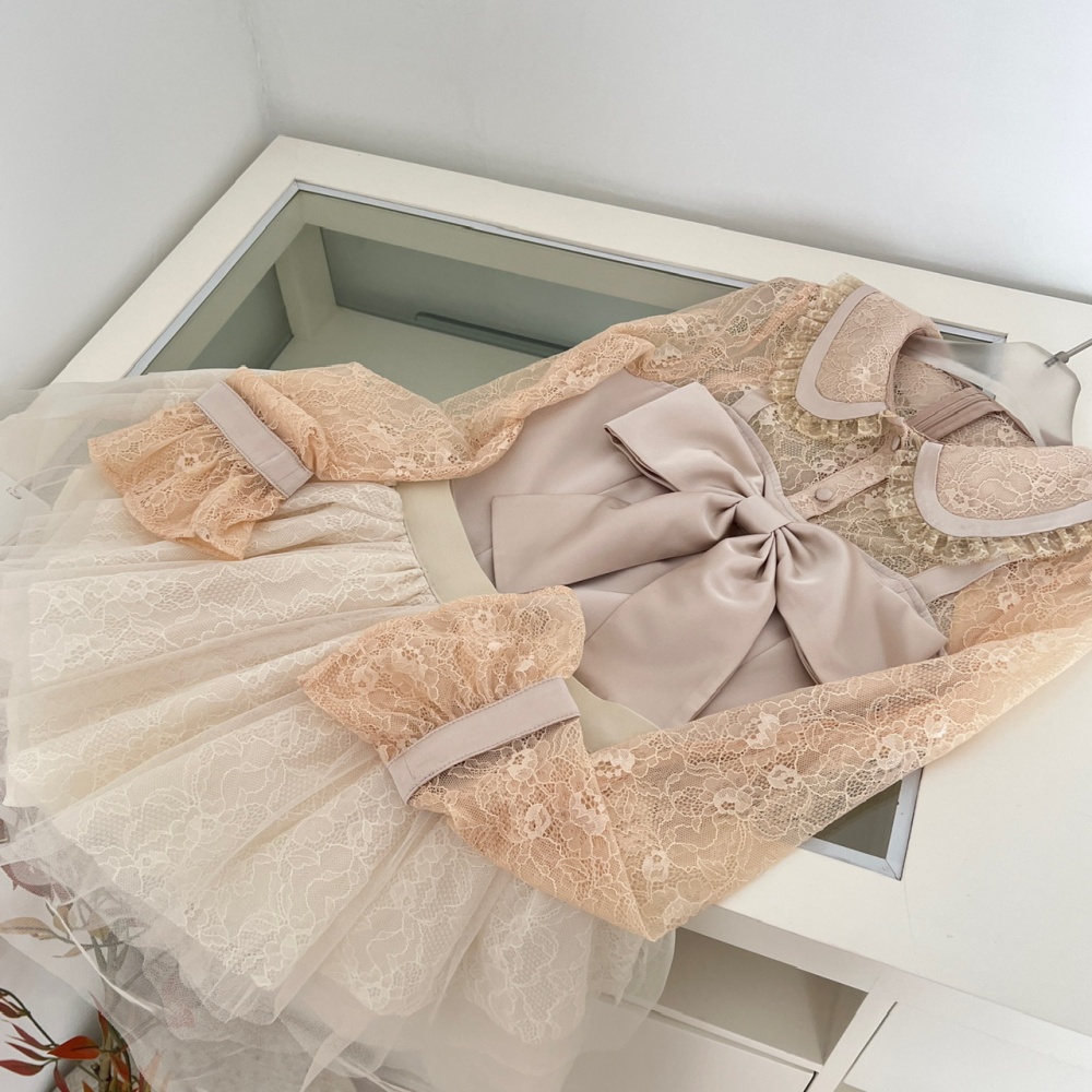 Long sleeve Pseudo-two skirt lace gauze shirt a set