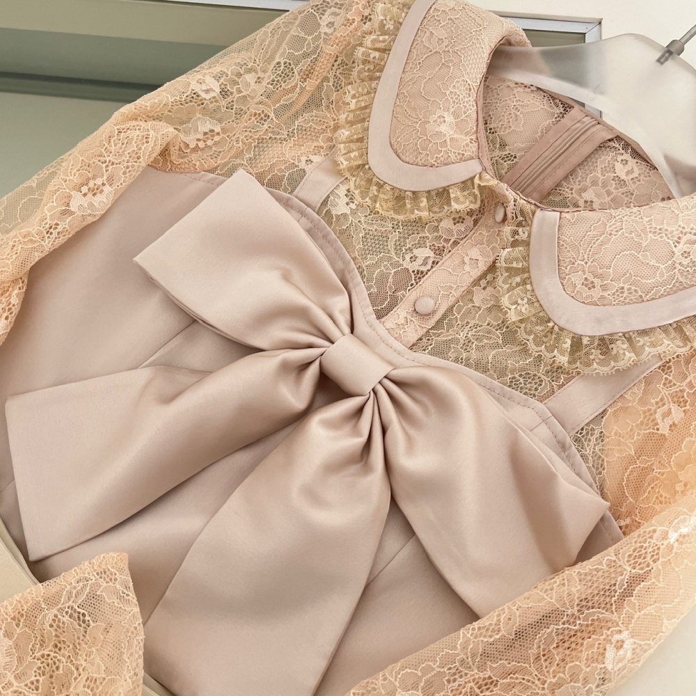 Long sleeve Pseudo-two skirt lace gauze shirt a set