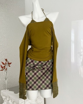 Flat shoulder bottoming shirt knitted short skirt a set