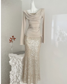 Splice knitted skirt sequins package hip tops a set