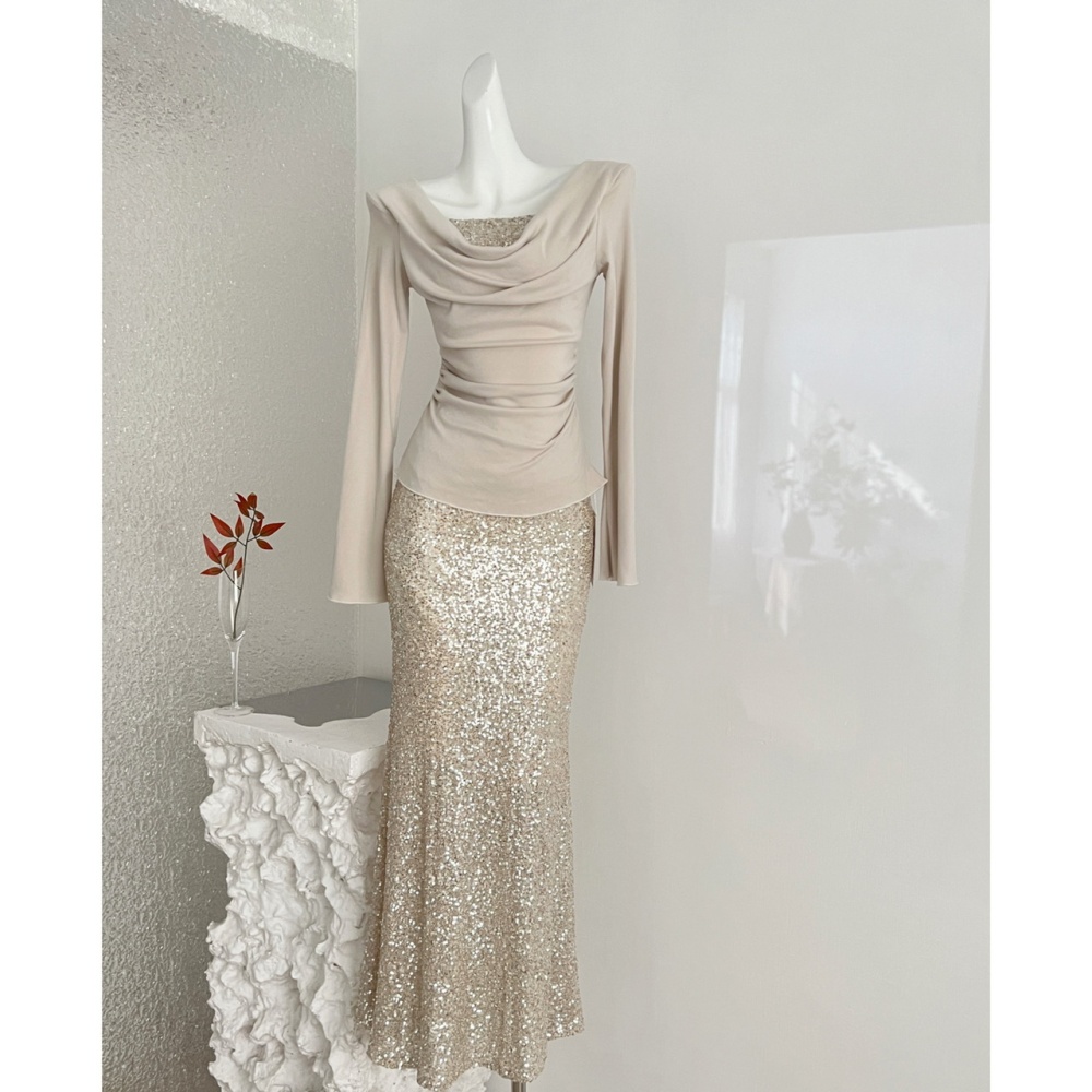 Splice knitted skirt sequins package hip tops a set