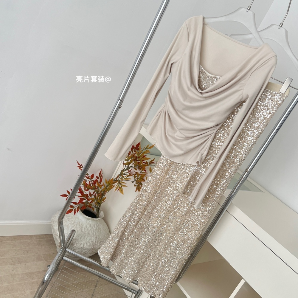 Splice knitted skirt sequins package hip tops a set