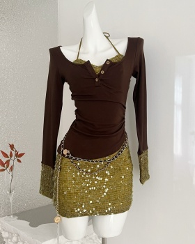 Enticement package hip Pseudo-two winter knitted dress