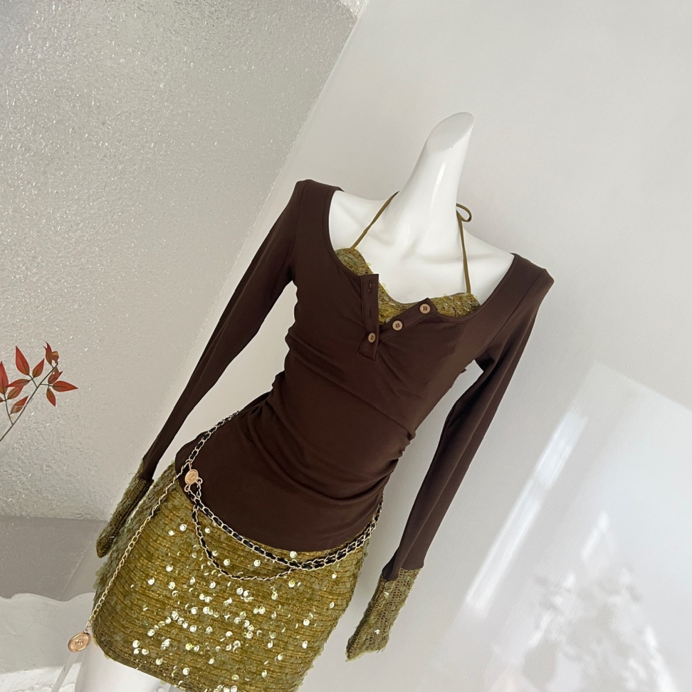 Enticement package hip Pseudo-two winter knitted dress