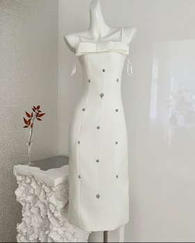 White wrapped chest dress beading formal dress for women