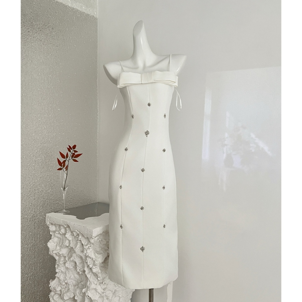 White wrapped chest dress beading formal dress for women