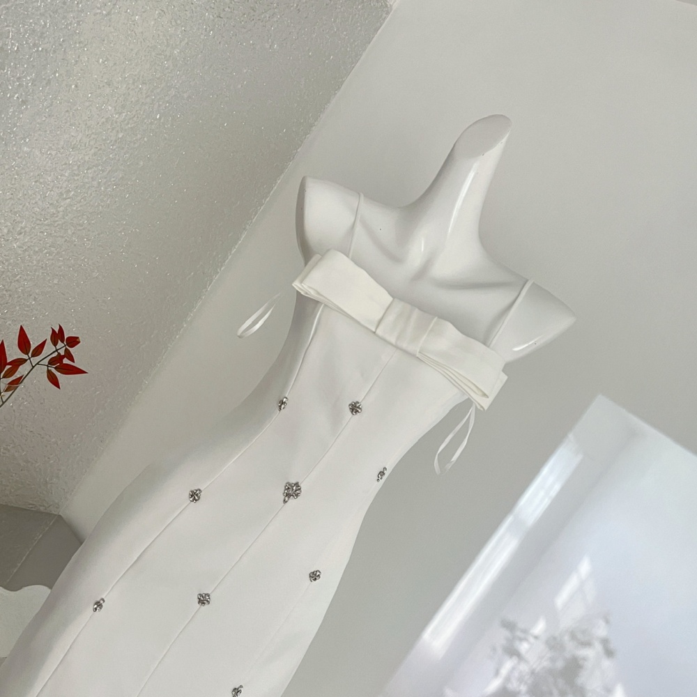 White wrapped chest dress beading formal dress for women