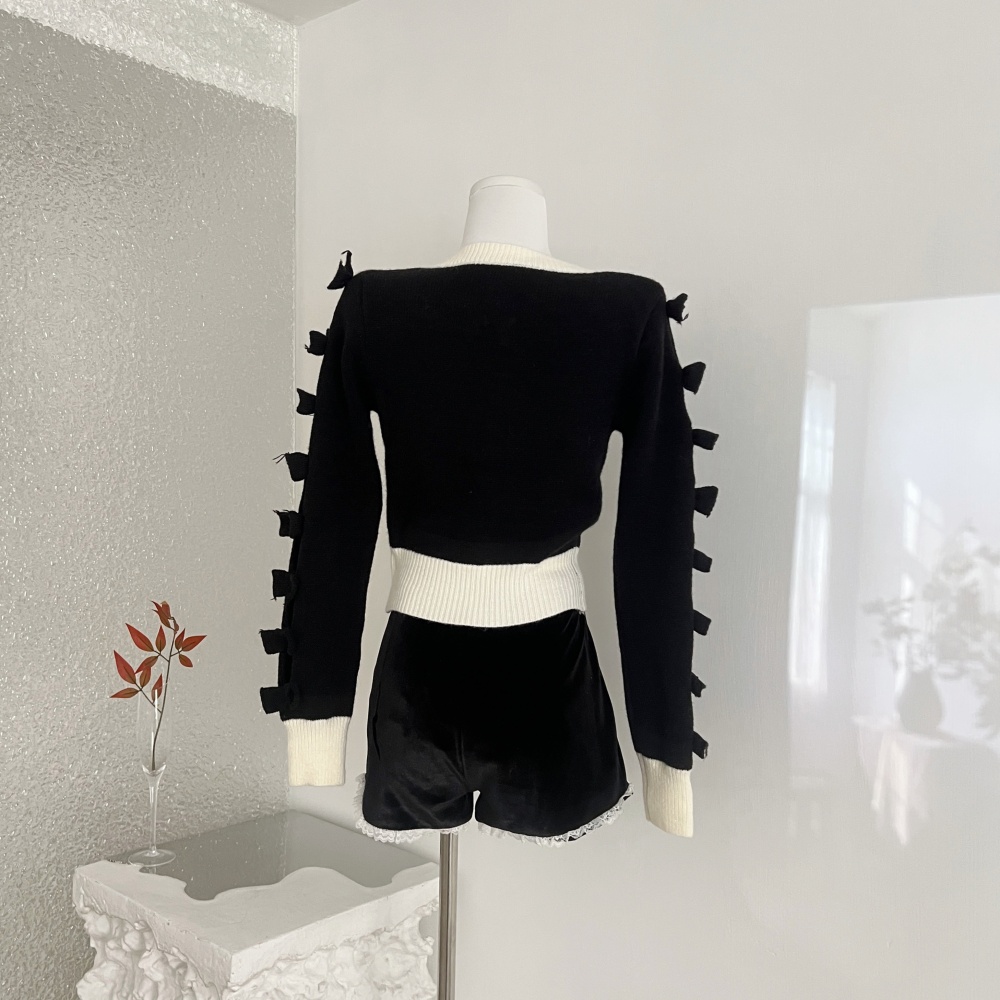 Bow knitted sweater mixed colors plush shorts a set