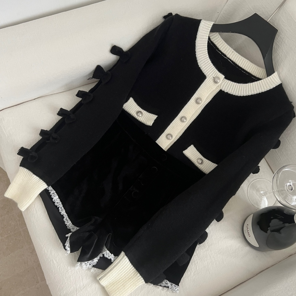 Bow knitted sweater mixed colors plush shorts a set