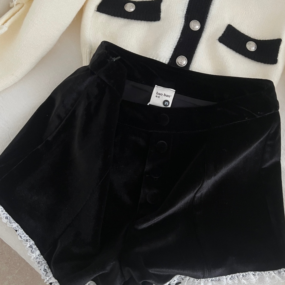 Bow knitted sweater mixed colors plush shorts a set