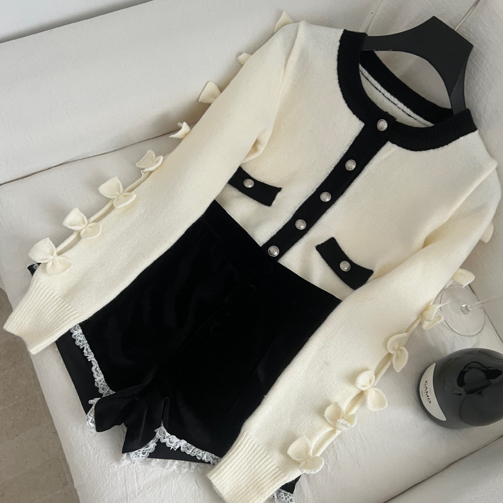 Bow knitted sweater mixed colors plush shorts a set