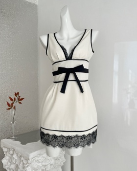Pinched waist lace splice mixed colors France style bow dress