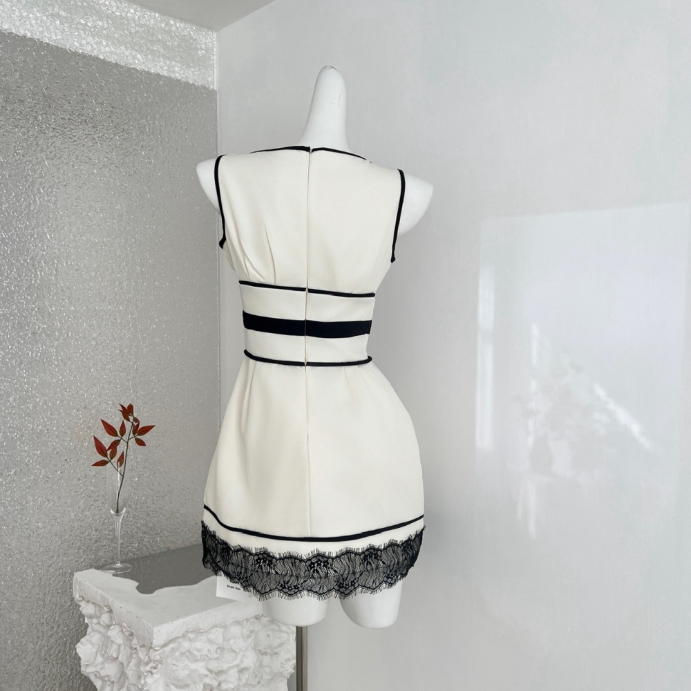 Pinched waist lace splice mixed colors France style bow dress