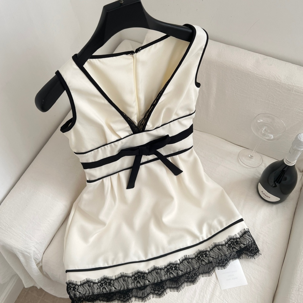 Pinched waist lace splice mixed colors France style bow dress