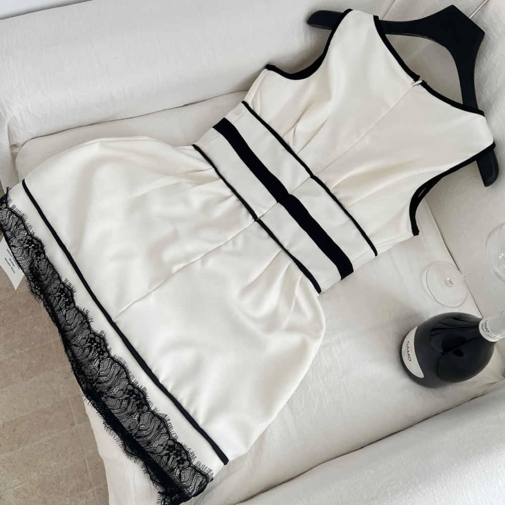 Pinched waist lace splice mixed colors France style bow dress