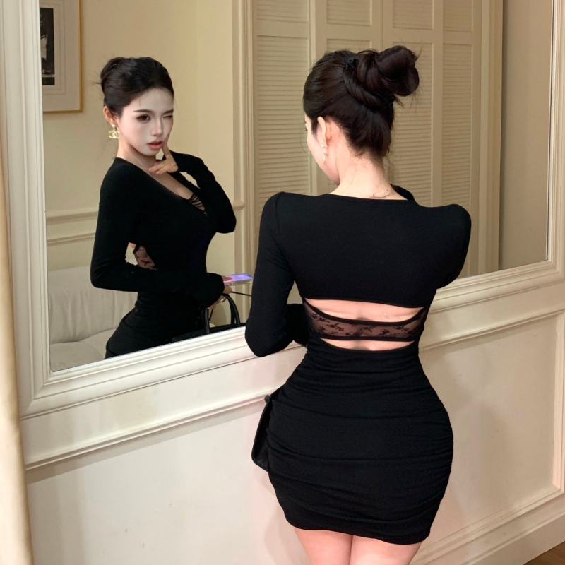 V-neck chain temperament sexy package hip slim halter dress