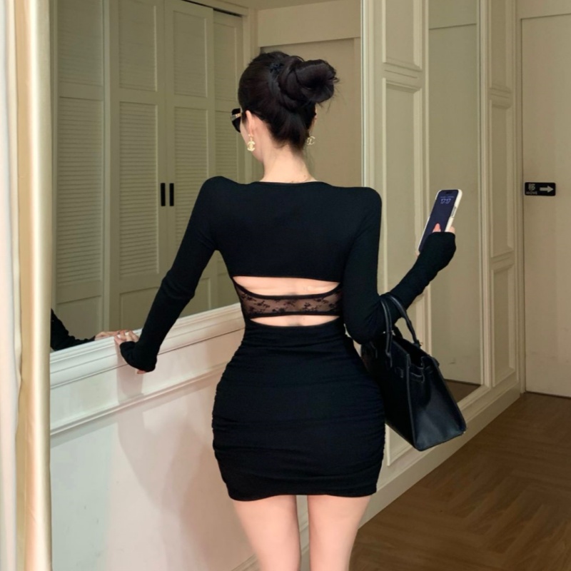 V-neck chain temperament sexy package hip slim halter dress