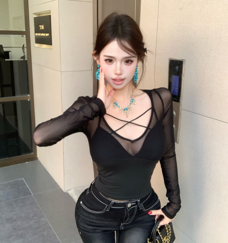 V-neck cross perspective Pseudo-two sexy sling tops for women