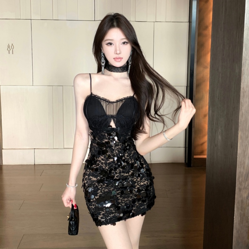 Black slim spicegirl strap dress temperament sexy dress