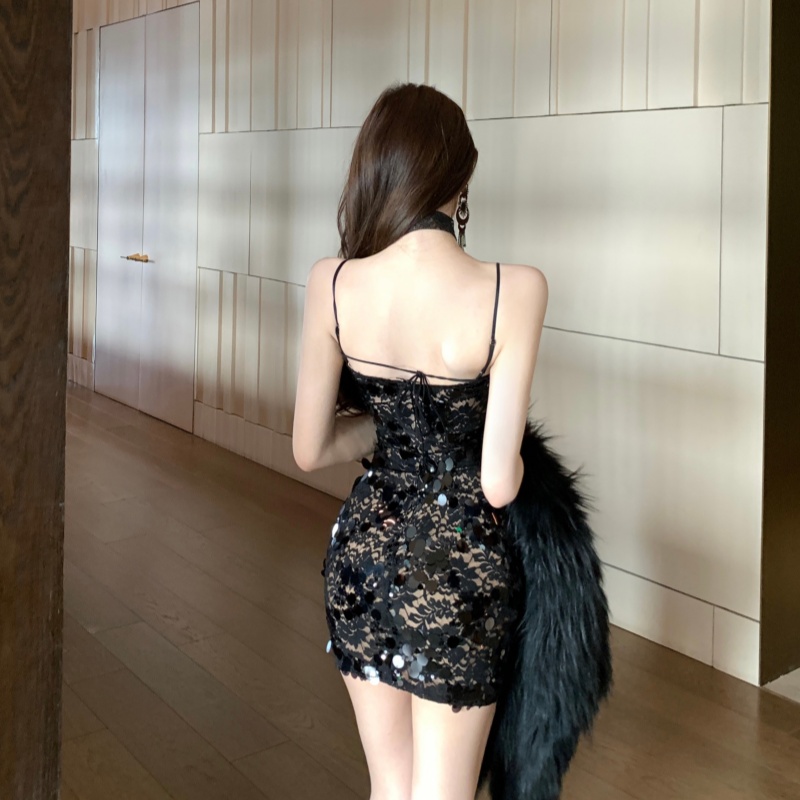 Black slim spicegirl strap dress temperament sexy dress