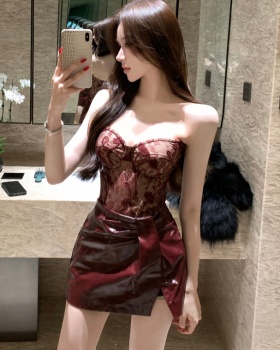 High waist chest pad tops lace skirt a set