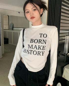 Thick plus velvet printing small high collar T-shirt