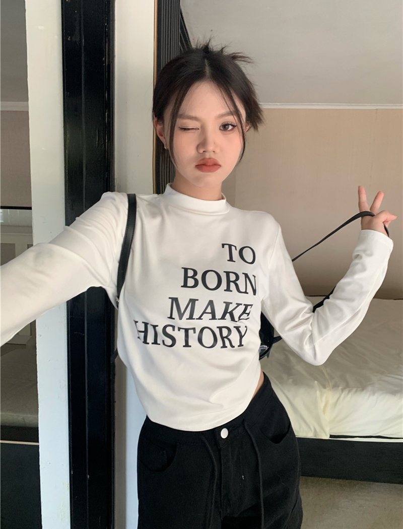 Thick plus velvet printing small high collar T-shirt