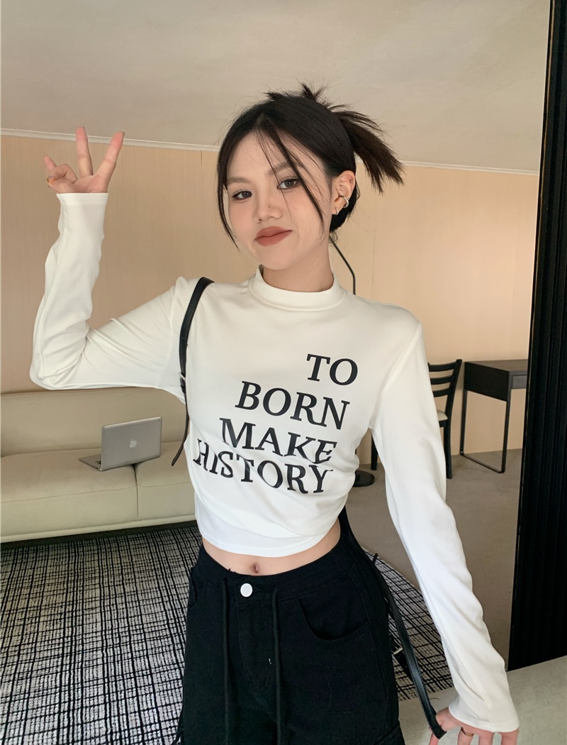 Thick plus velvet printing small high collar T-shirt