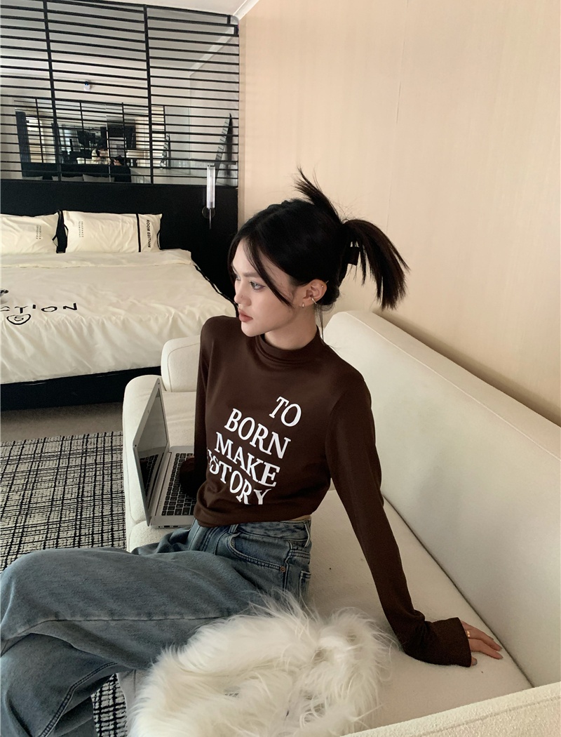 Thick plus velvet printing small high collar T-shirt