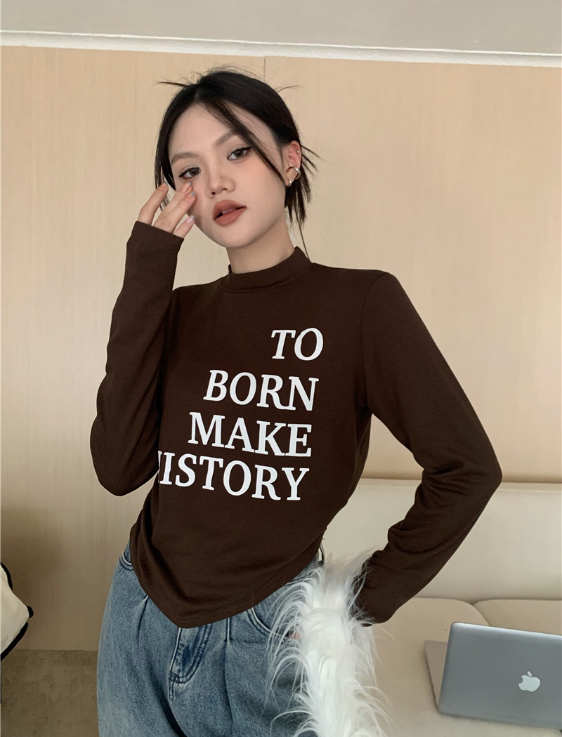 Thick plus velvet printing small high collar T-shirt