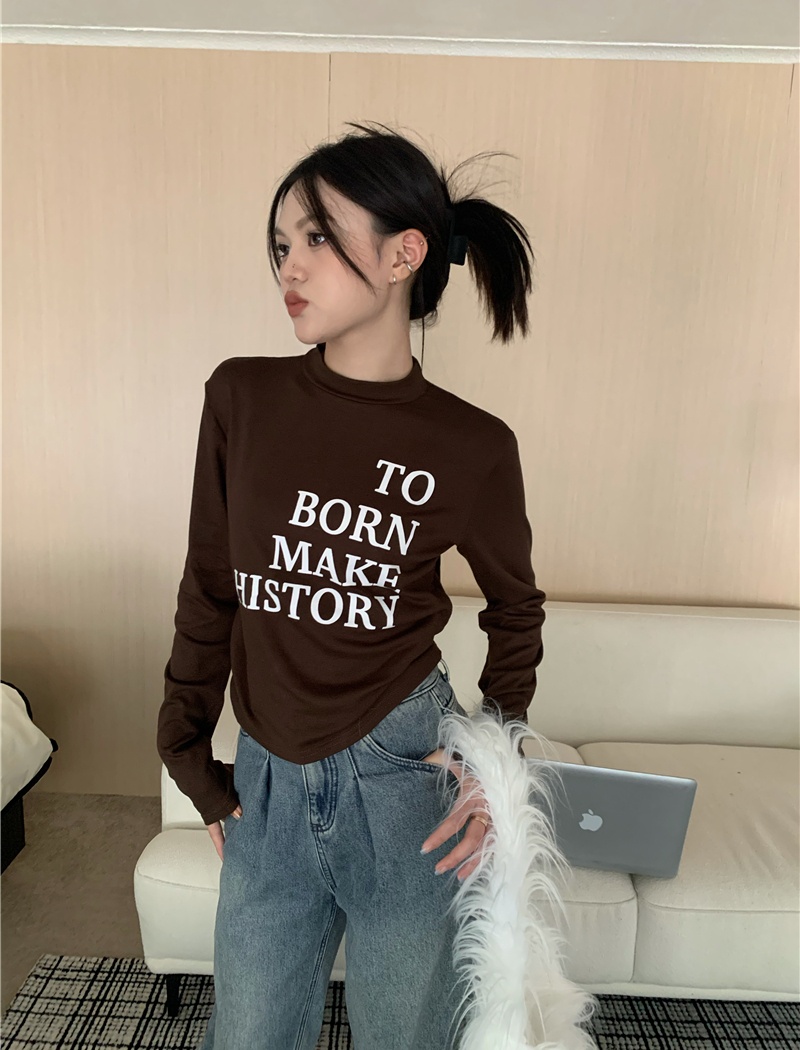 Thick plus velvet printing small high collar T-shirt