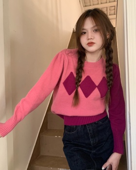 Loose retro quilted long sleeve pullover sweater