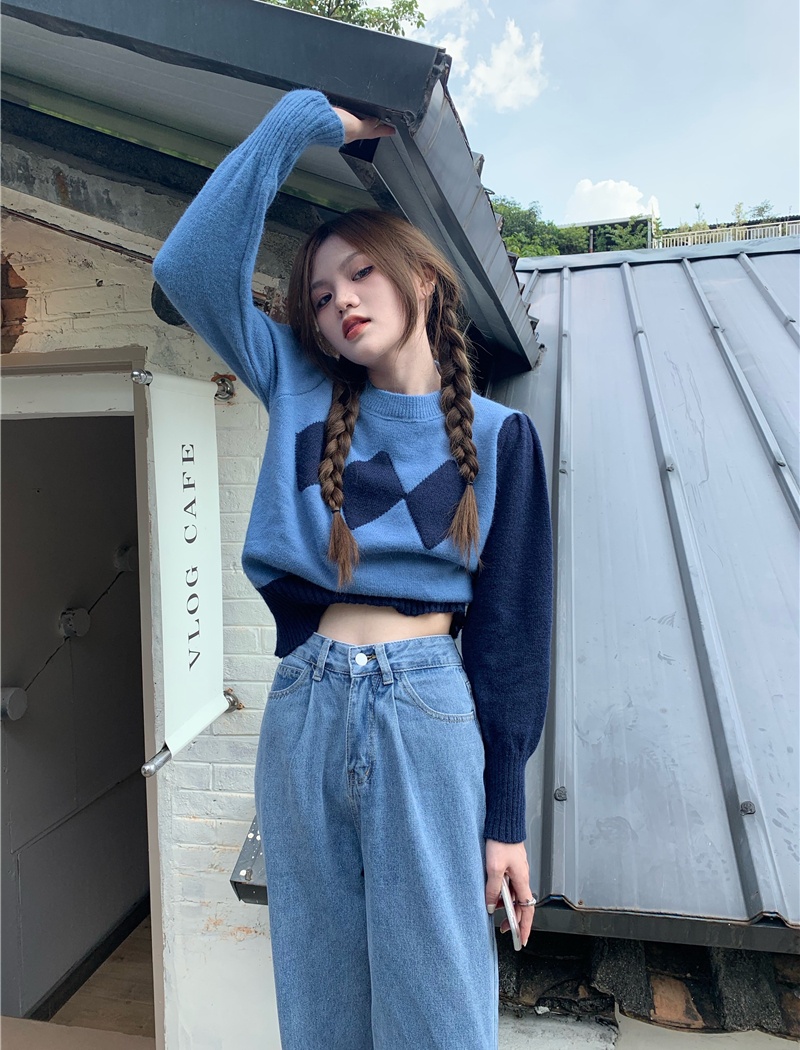 Loose retro quilted long sleeve pullover sweater