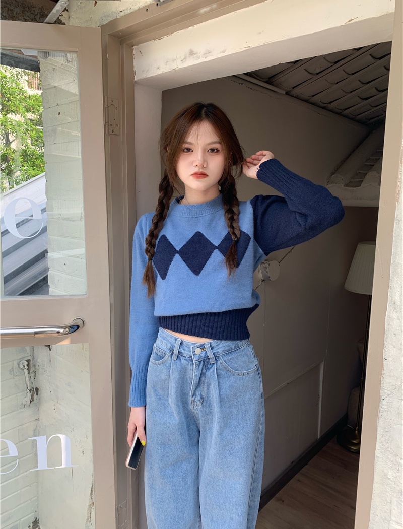 Loose retro quilted long sleeve pullover sweater